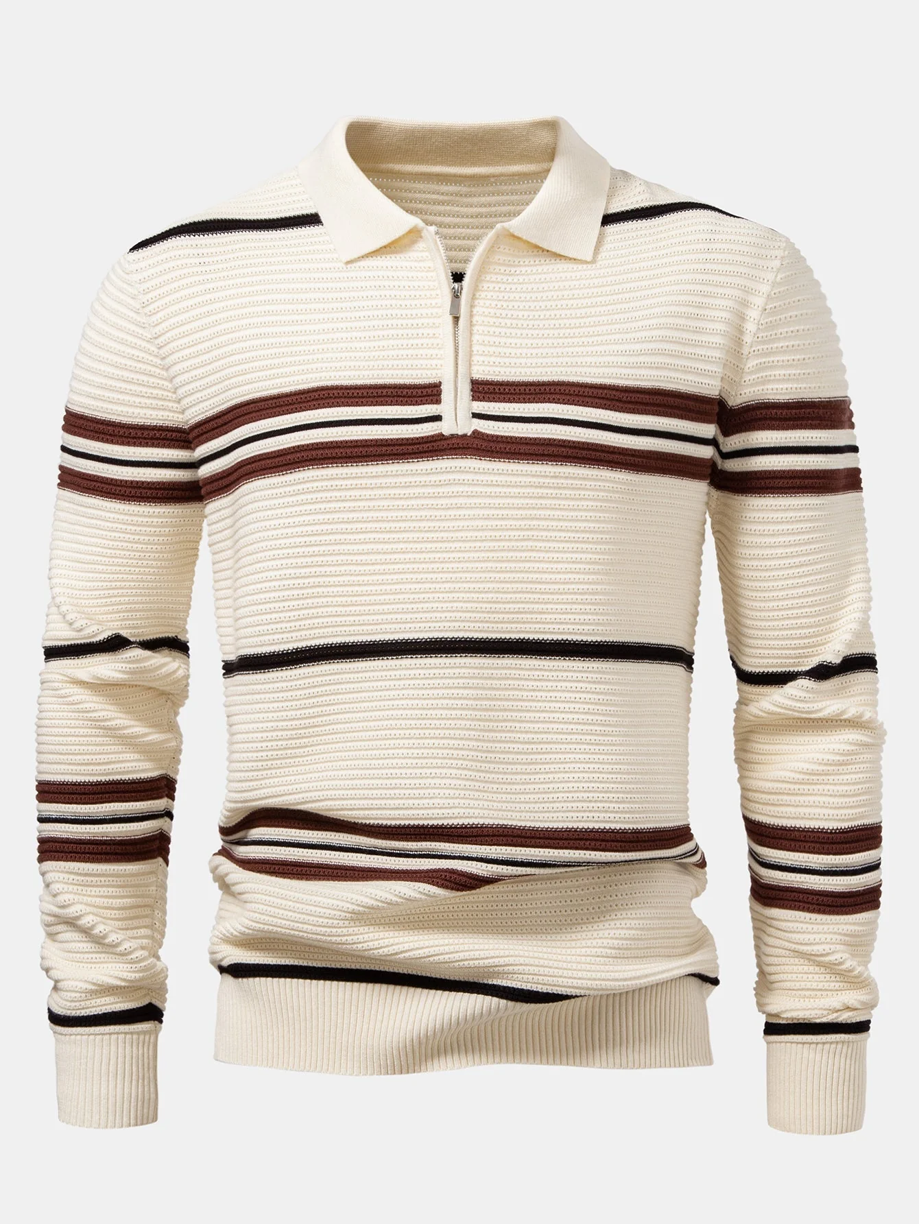 Albano® | Striped Textured Zip Knit Polo Shirt - Image 13