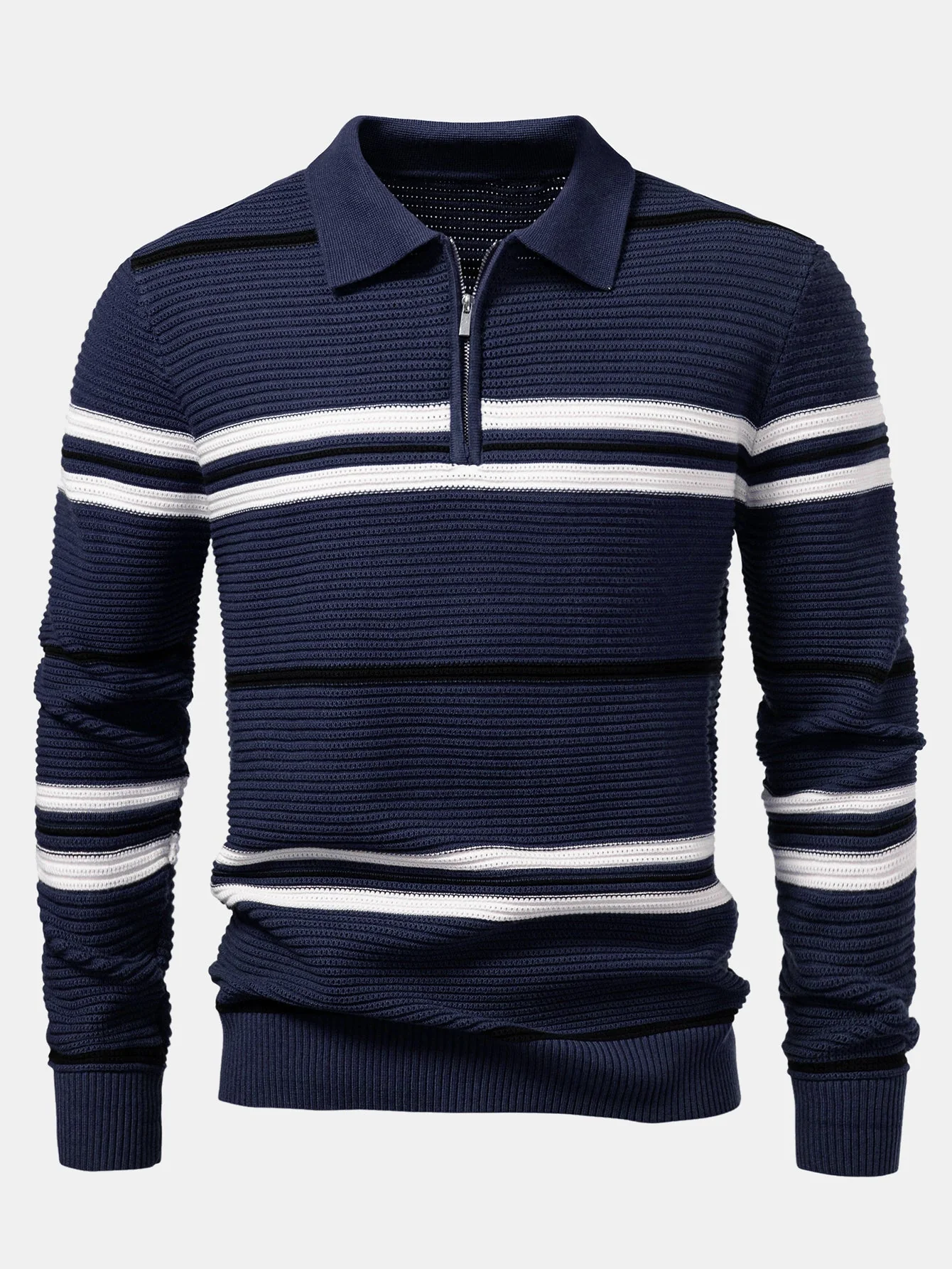 Albano® | Striped Textured Zip Knit Polo Shirt - Image 15