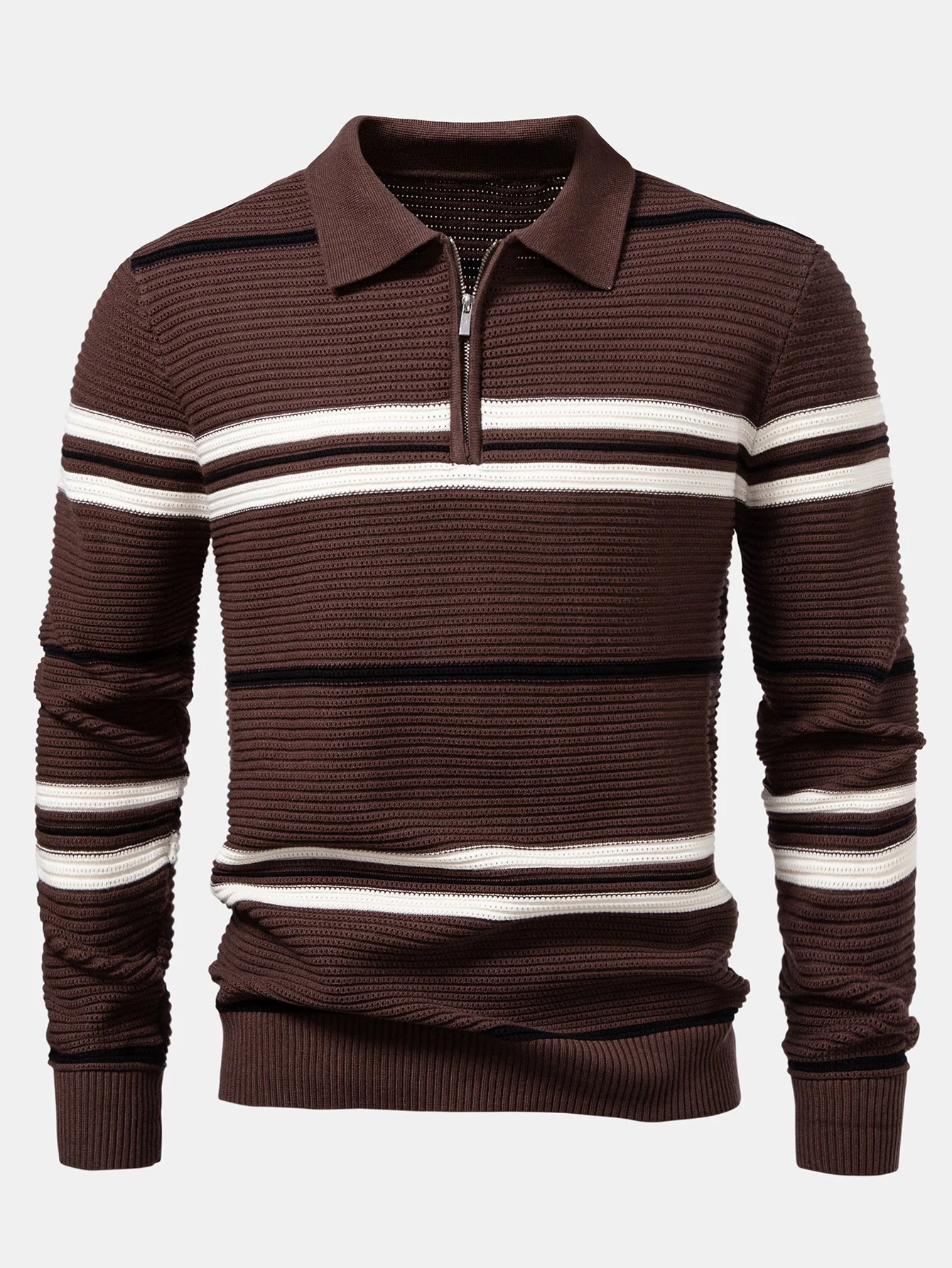 Albano® | Striped Textured Zip Knit Polo Shirt - Image 17