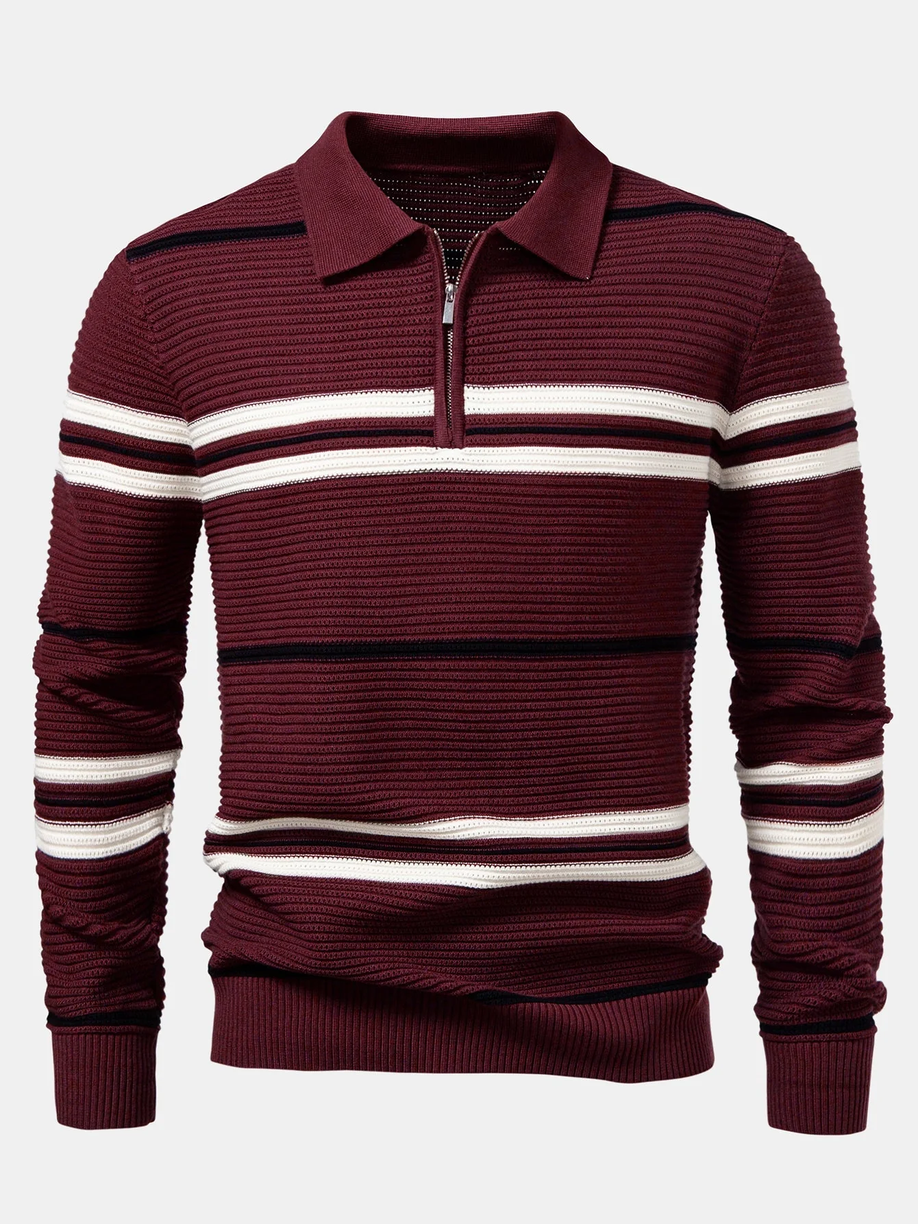 Albano® | Striped Textured Zip Knit Polo Shirt - Image 3