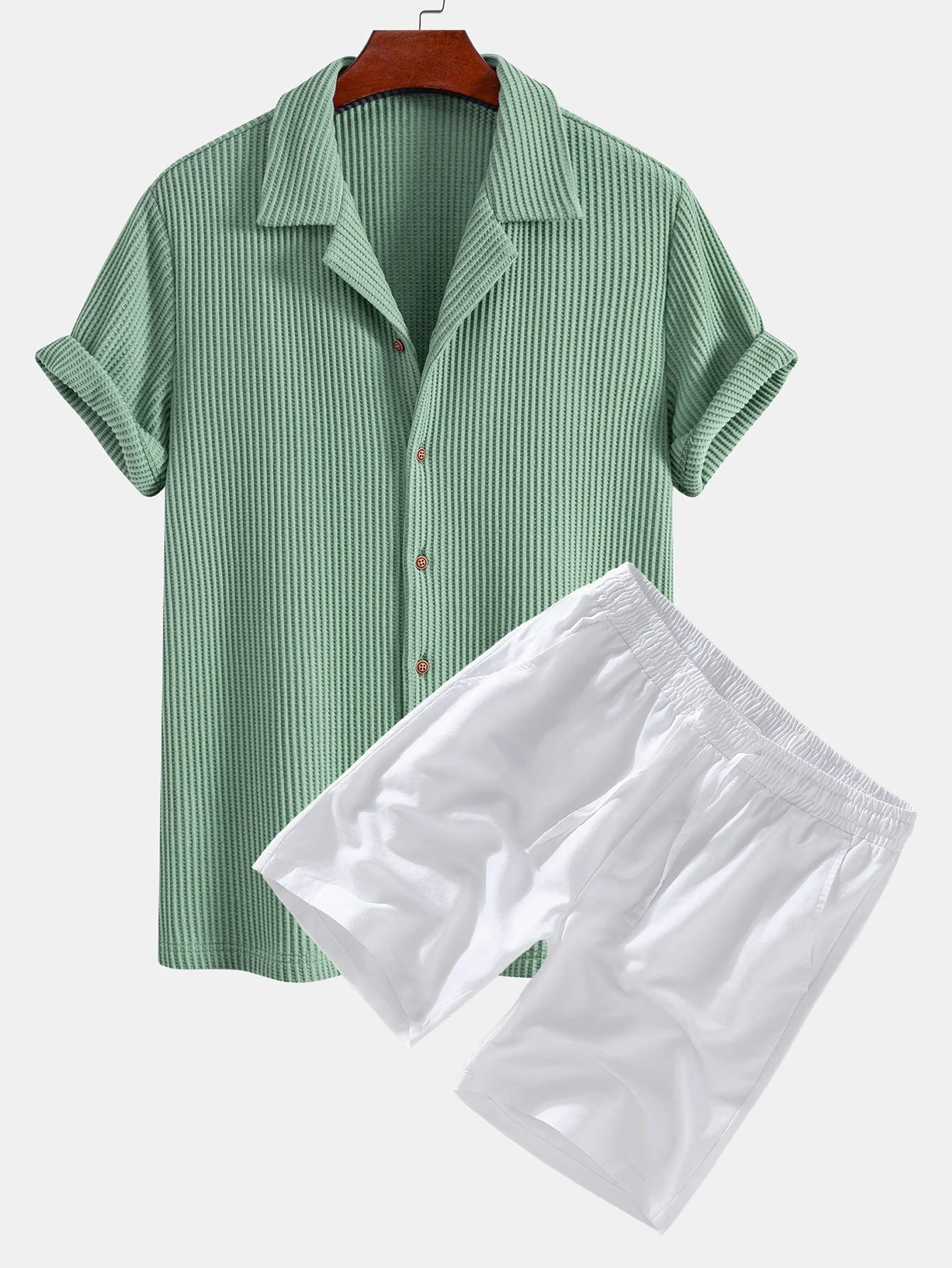 Albert® | Waffle Button Up Shirt & Linen Cotton Blend Drawstring Shorts - Image 3