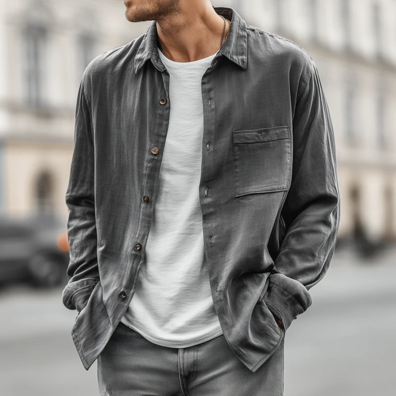 Albert | Men'S Casual Solid Color Breathable Tencel Blended Lapel Patch Pocket Loose Long Sleeve Shirt - Image 2