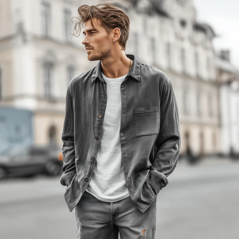 Albert | Men'S Casual Solid Color Breathable Tencel Blended Lapel Patch Pocket Loose Long Sleeve Shirt - Image 3