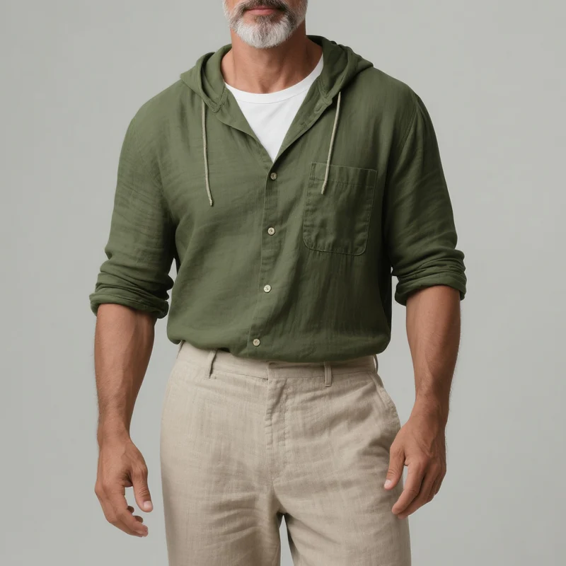 Albert | Men'S Solid Cotton And Linen Hooded Long Sleeve Shirt - Image 2