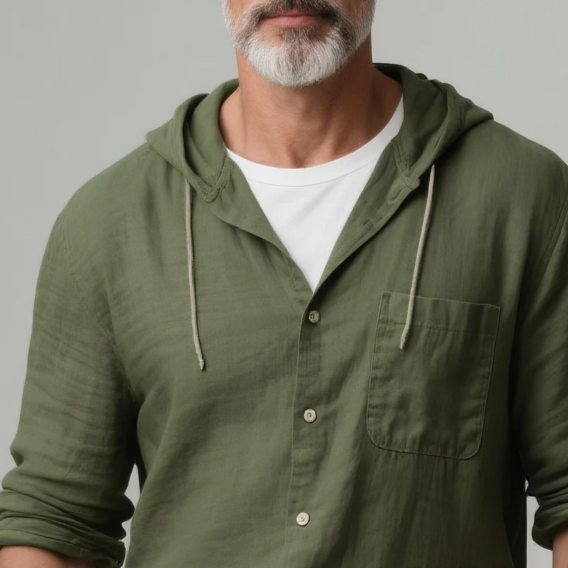 Albert | Men'S Solid Cotton And Linen Hooded Long Sleeve Shirt - Image 3