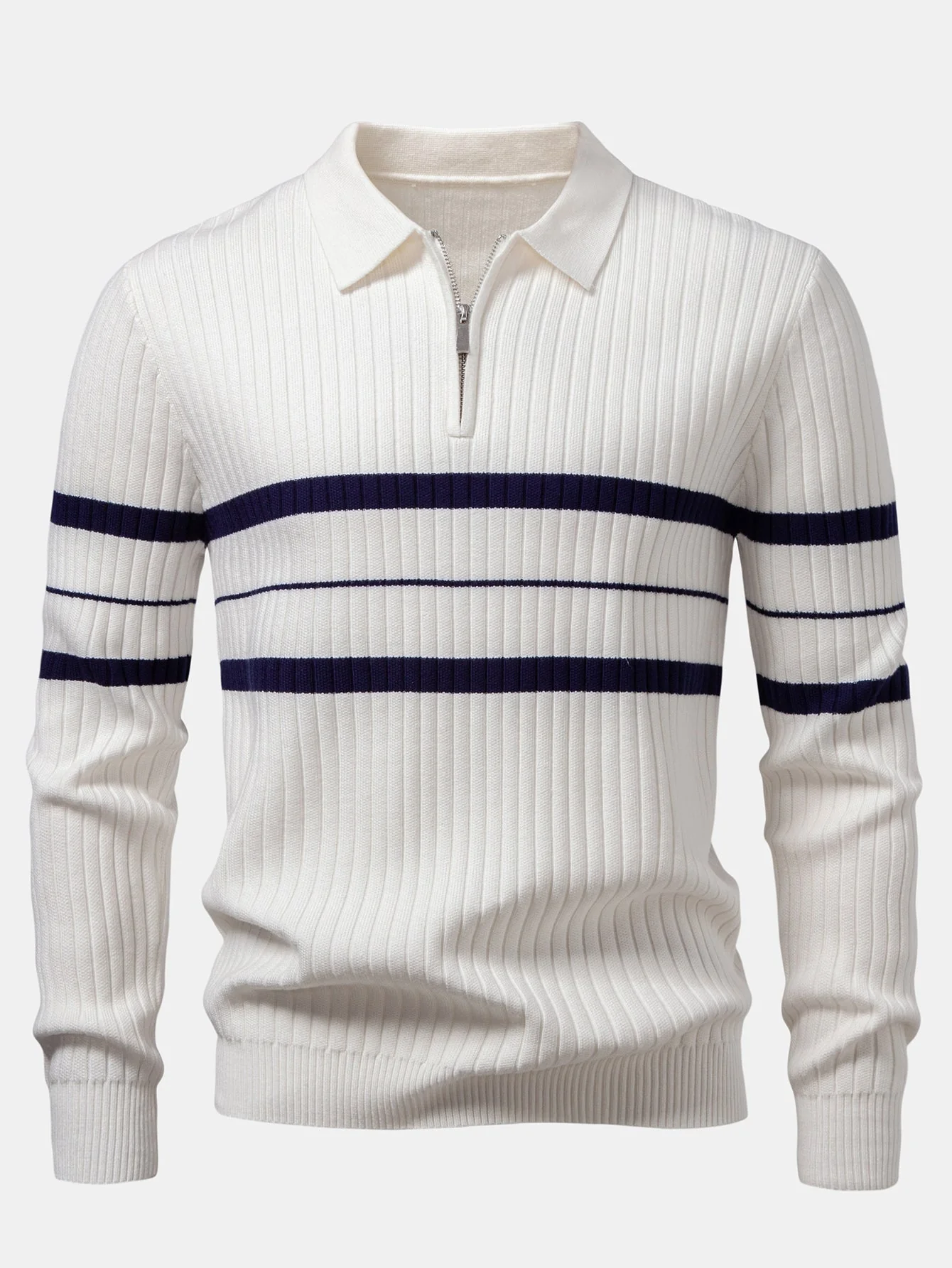 Aldemir® | Stripe Zip Knit Ribbed Polo Shirt - Image 10