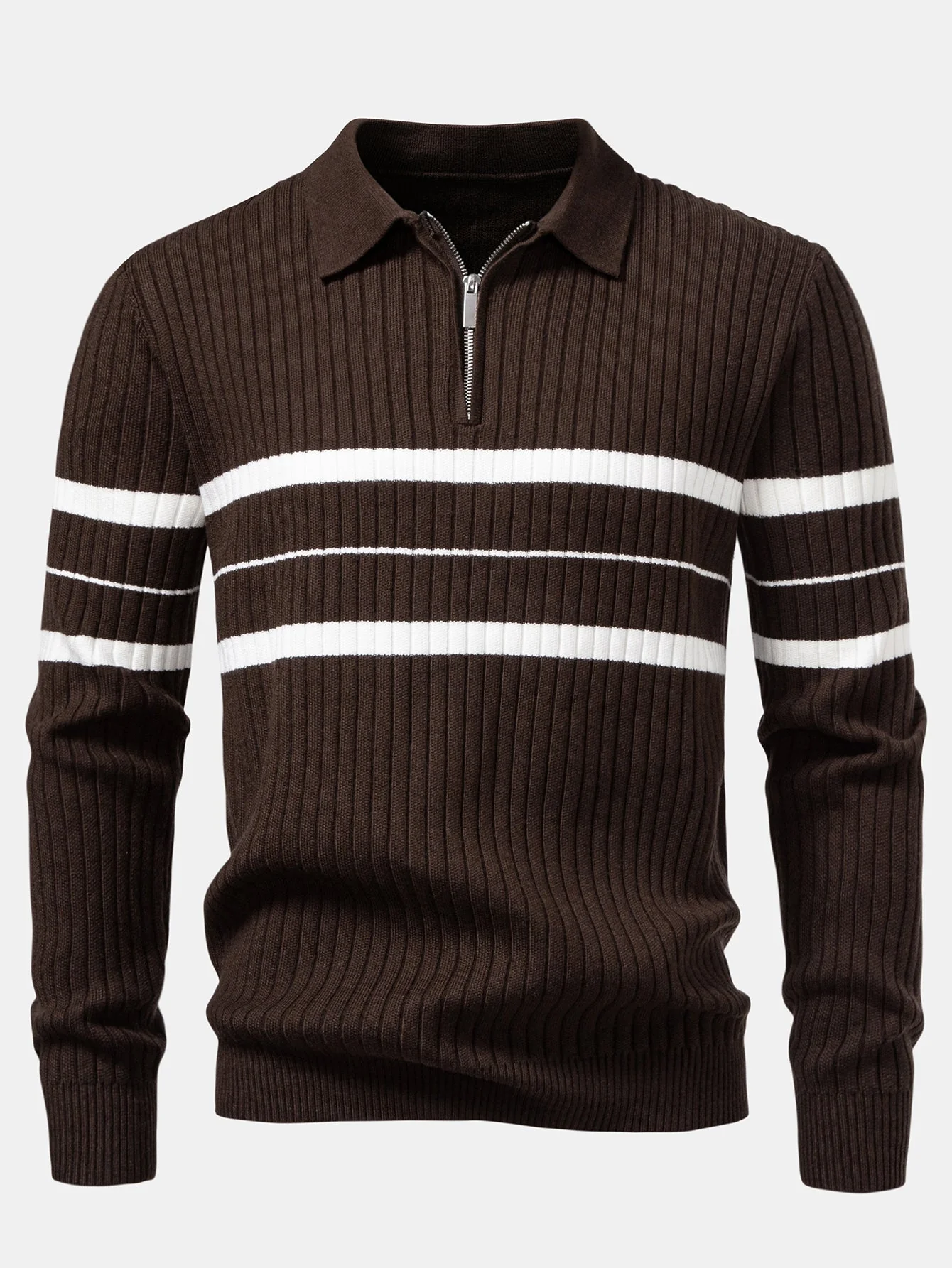 Aldemir® | Stripe Zip Knit Ribbed Polo Shirt - Image 12