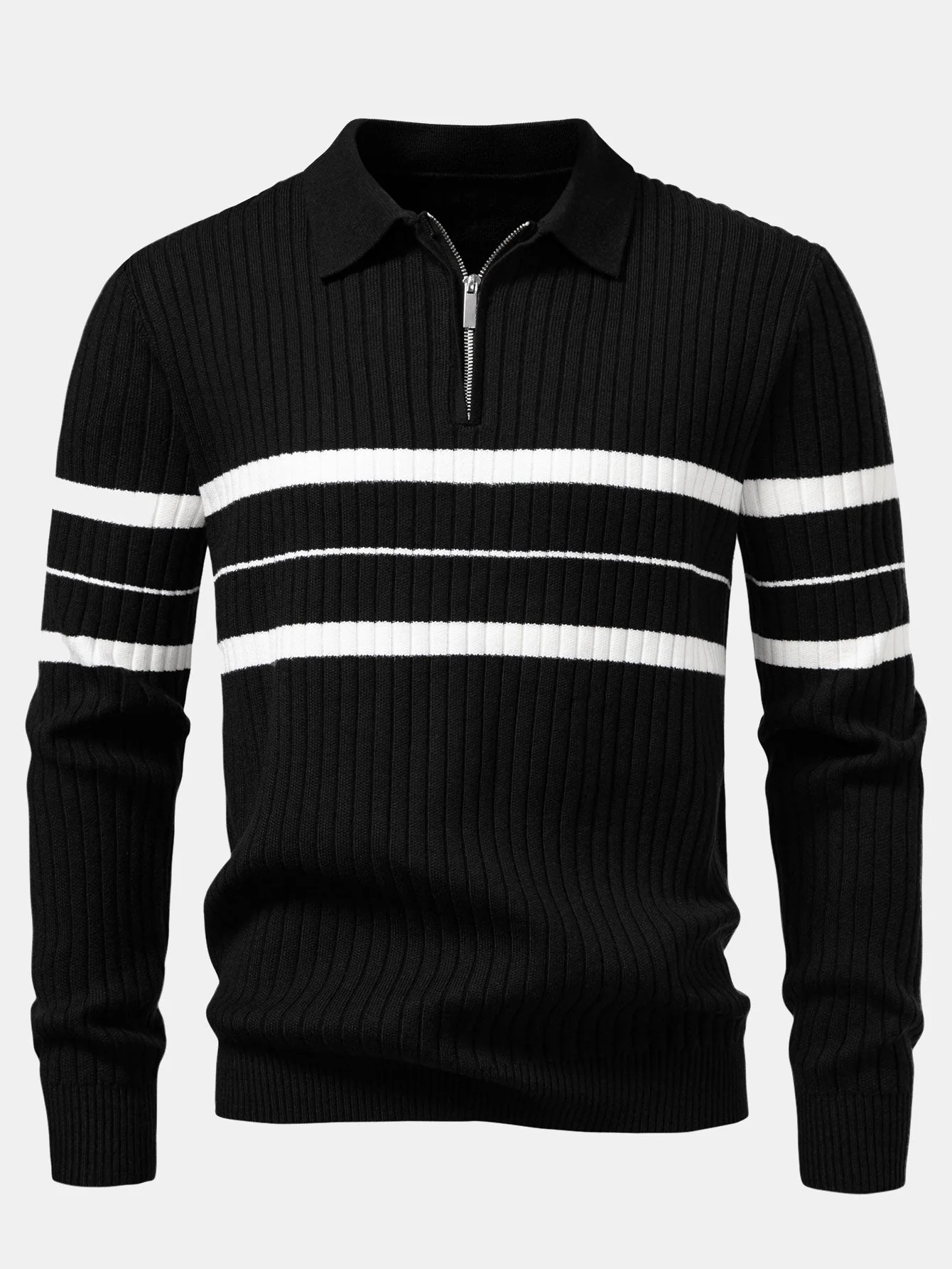 Aldemir® | Stripe Zip Knit Ribbed Polo Shirt - Image 8