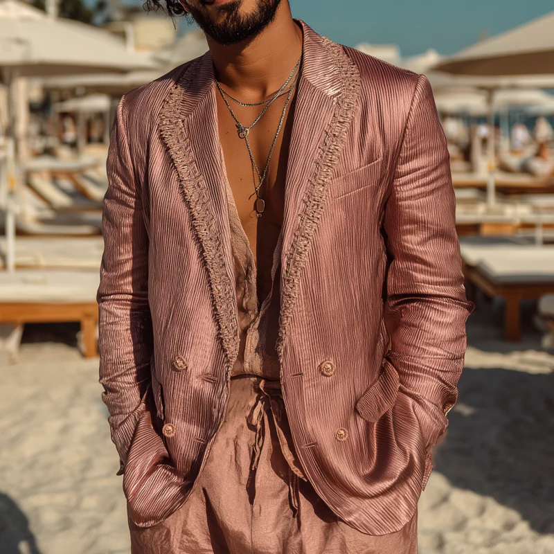 Aldo | Men'S Casual Glossy Striped Tassel Patchwork Notch Lapel Double-Breasted Slim-Fit Blazer - Image 2