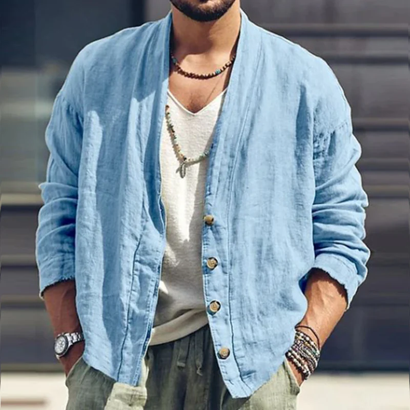 Aldo | Men'S Solid Color Cotton And Linen Long-Sleeved Cardigan - Image 3