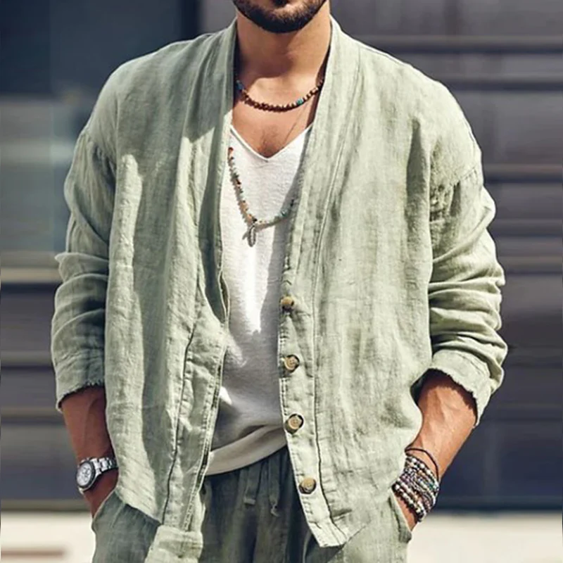 Aldo | Men'S Solid Color Cotton And Linen Long-Sleeved Cardigan - Image 4