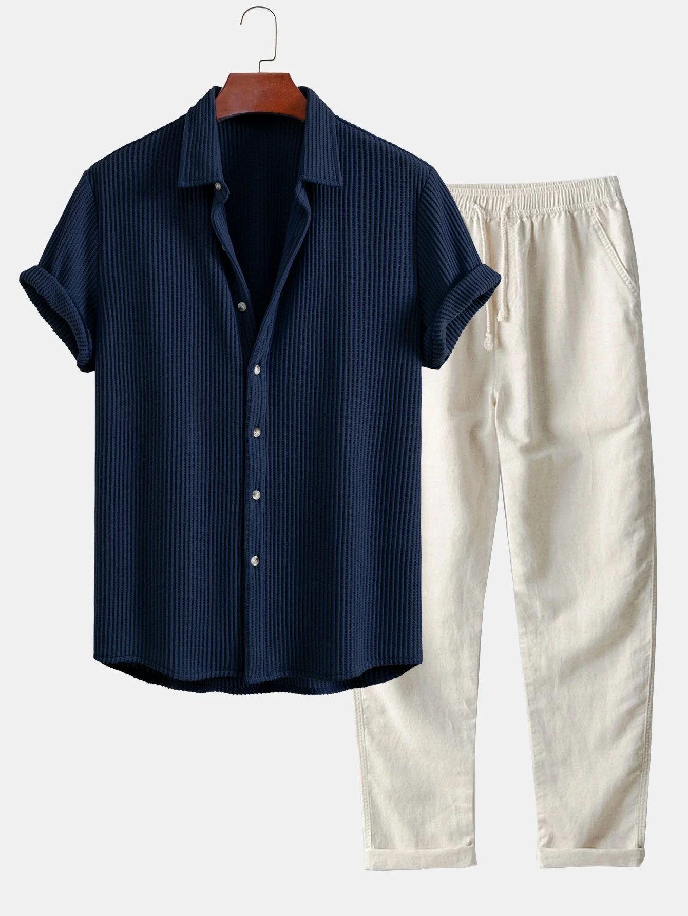 Alex® | Waffle Button Up Shirt & Straight Leg Linen Pants - Image 2