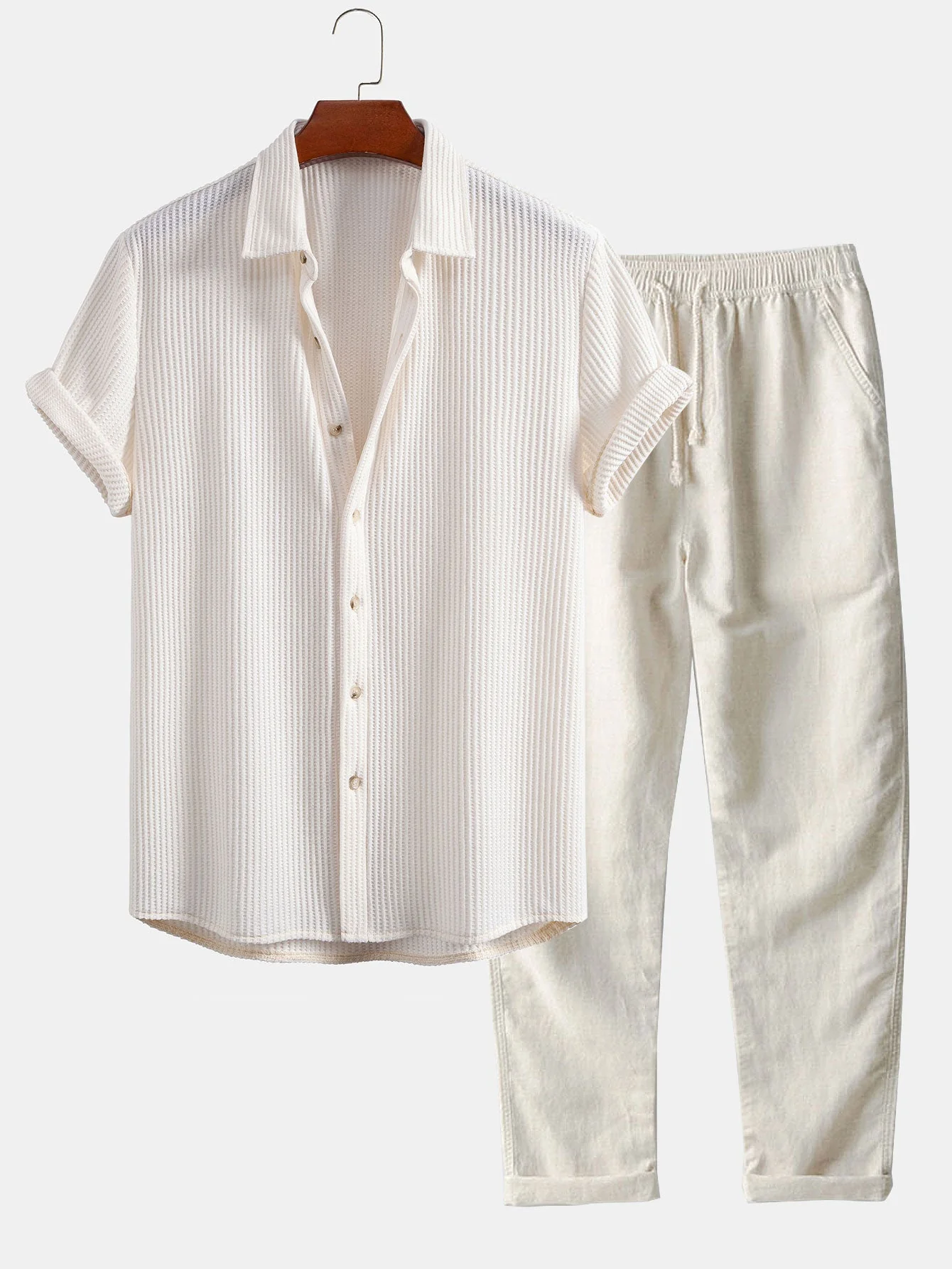 Alex® | Waffle Button Up Shirt & Straight Leg Linen Pants - Image 3