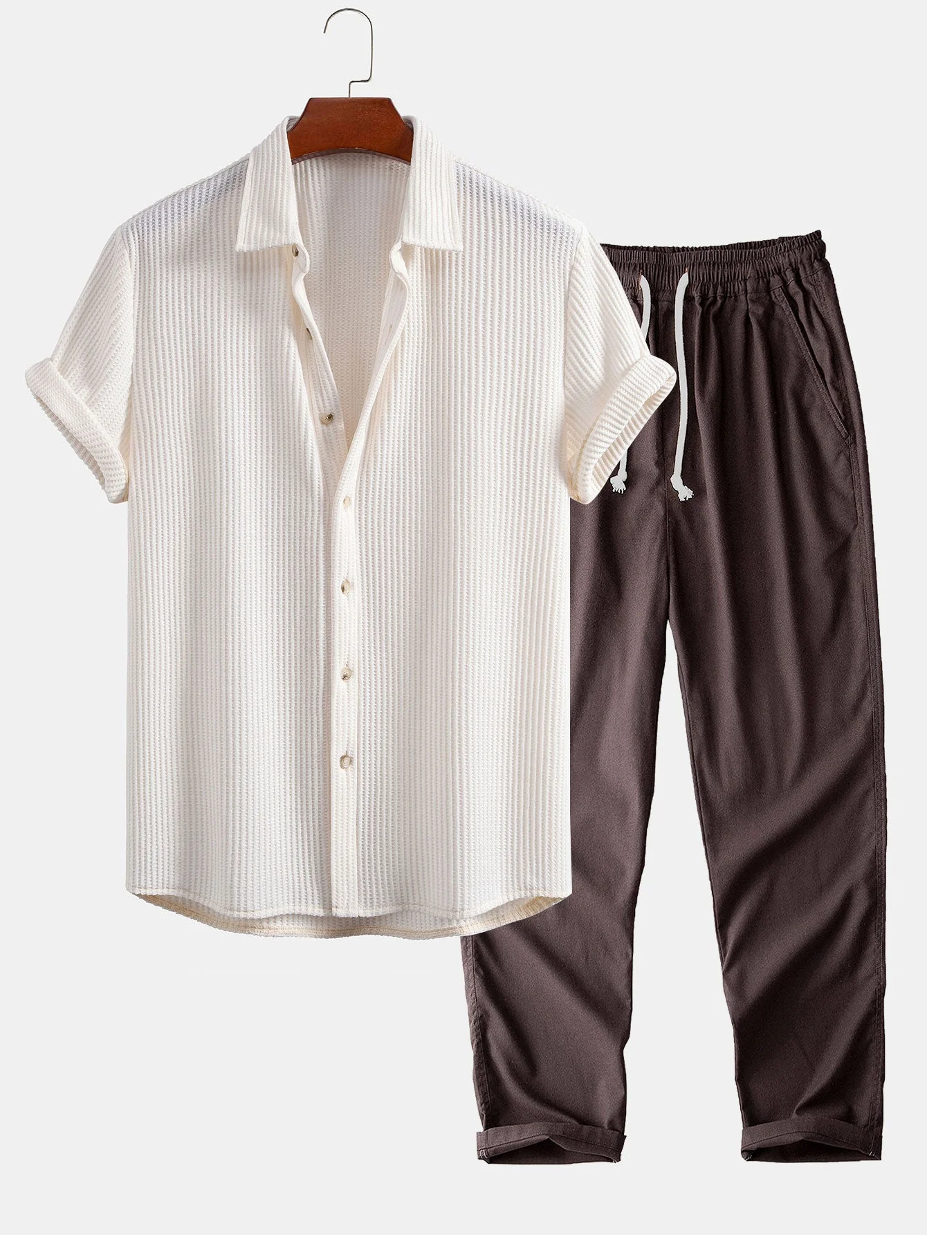 Alex® | Waffle Button Up Shirt & Straight Leg Linen Pants - Image 4