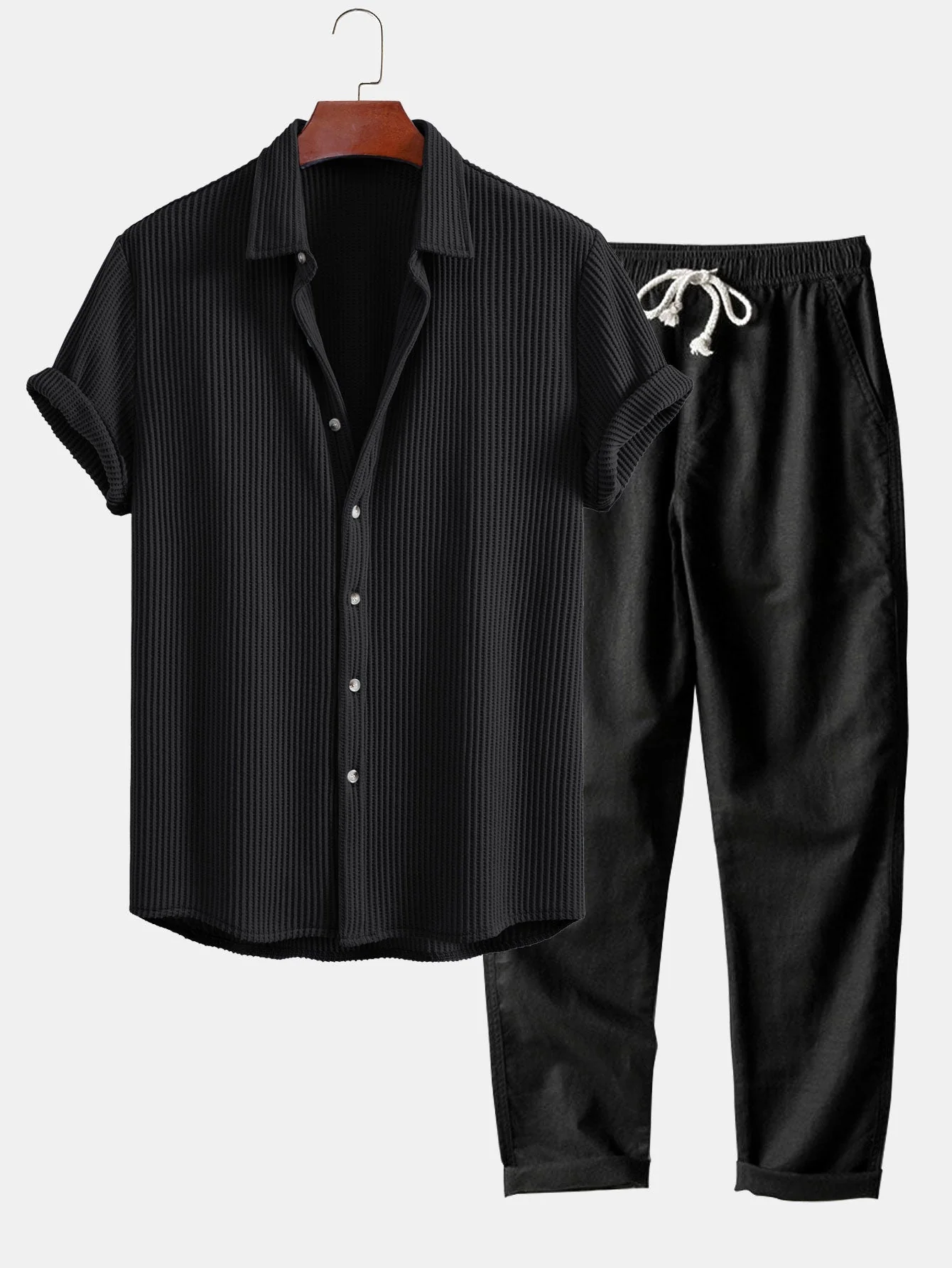 Alex® | Waffle Button Up Shirt & Straight Leg Linen Pants - Image 5