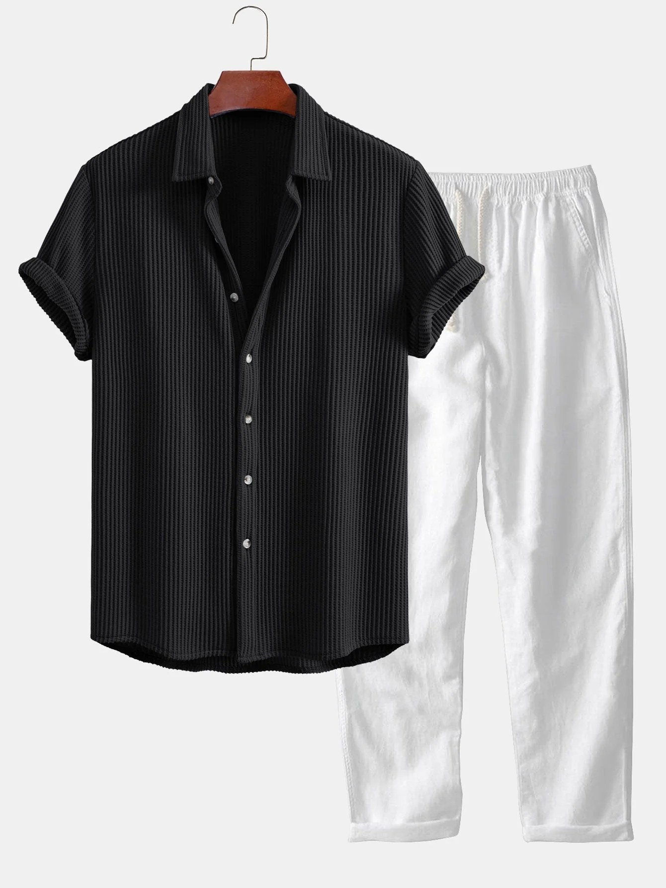 Alex® | Waffle Button Up Shirt & Straight Leg Linen Pants - Image 6