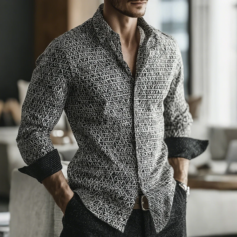 Alexander | Men'S Retro Casual Geometric Cycle Print Lapel Long Sleeve Shirt - Image 2