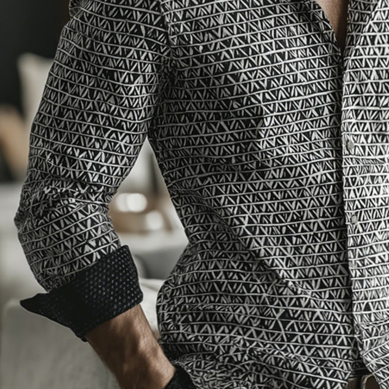 Alexander | Men'S Retro Casual Geometric Cycle Print Lapel Long Sleeve Shirt - Image 3