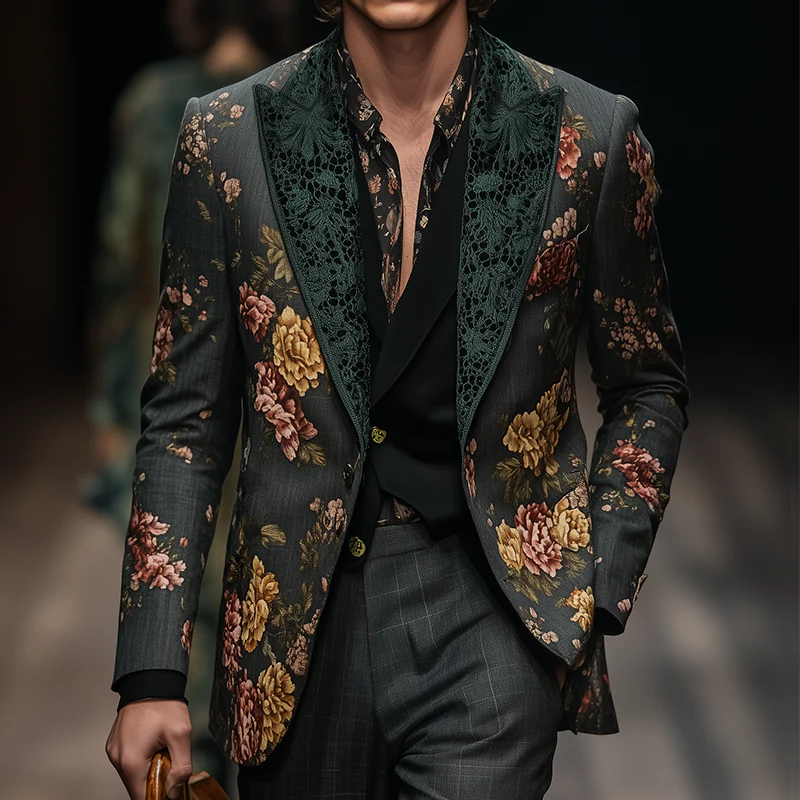 Alexander | Men'S Retro Large Flower Print Lace Stitching Casual Blazer - Image 2