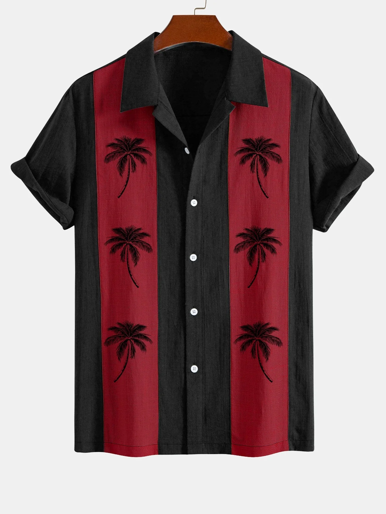 Alfon® | Palm Tree Print Linen Look Patchwork Bowling Shirt - Image 7