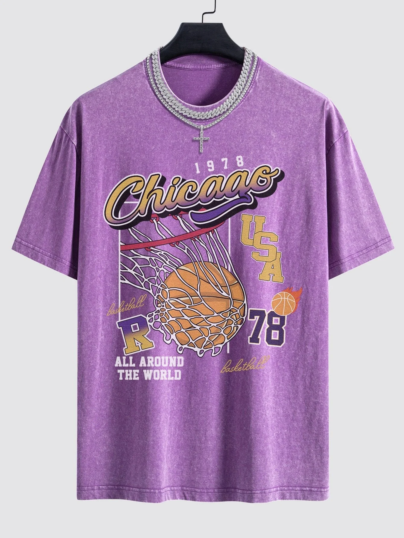 Alfonso® | Chicago Basketball Print Washed Drop Shoulder Oversize T-Shirt - Image 2