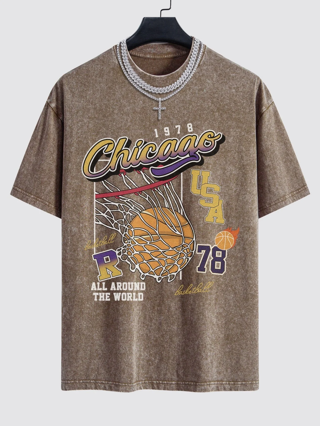 Alfonso® | Chicago Basketball Print Washed Drop Shoulder Oversize T-Shirt - Image 5