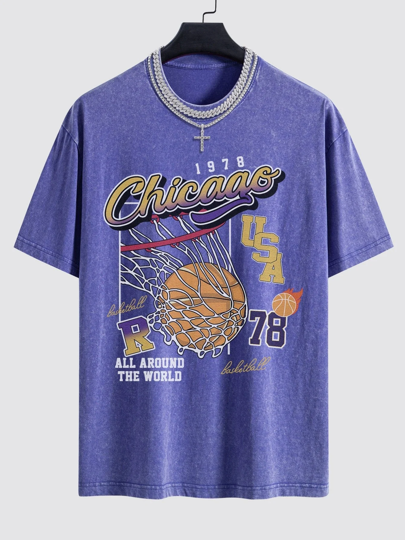 Alfonso® | Chicago Basketball Print Washed Drop Shoulder Oversize T-Shirt - Image 8
