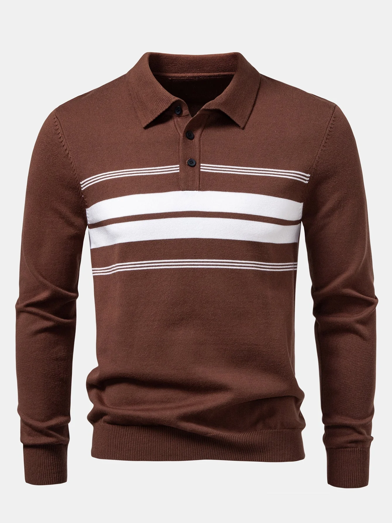 Alfonso® | Long Sleeve Stripe Knit Polo Shirt - Image 7