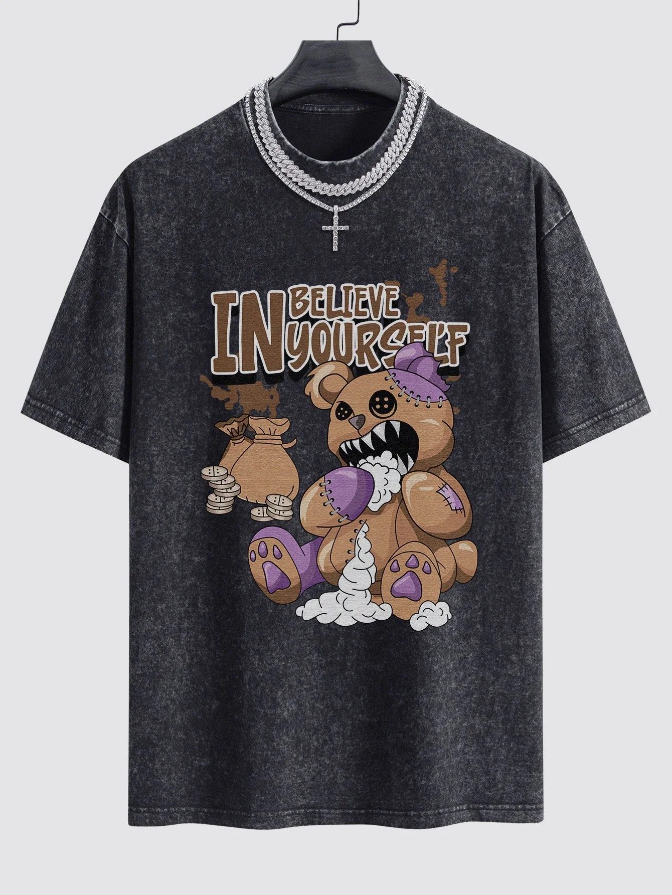 Alfred® | Violent Bear Slogan Print Washed Drop Shoulder Oversize T-Shirt - Image 3
