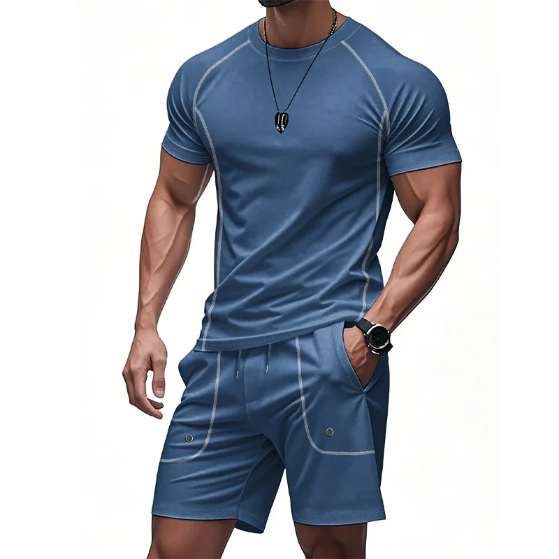Alfred | Men'S Casual Solid Color Embroidered Short-Sleeved Shorts Set - Image 2