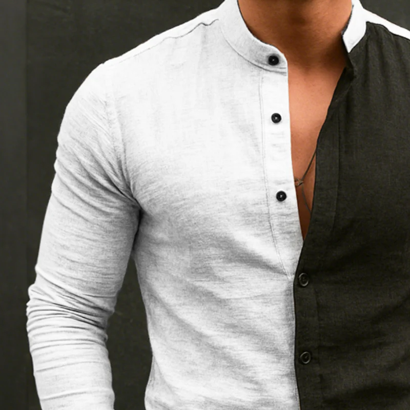 Alfred | Men'S Retro Casual Cotton And Linen Colorblock Stand Collar Long Sleeve Shirt - Image 3