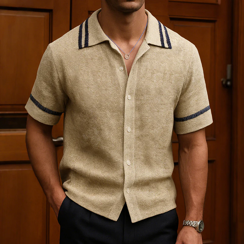 Alfred | Men'S Retro Casual Suede Striped Print Lapel Short Sleeve Shirt - Image 2