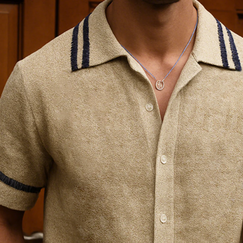 Alfred | Men'S Retro Casual Suede Striped Print Lapel Short Sleeve Shirt - Image 3