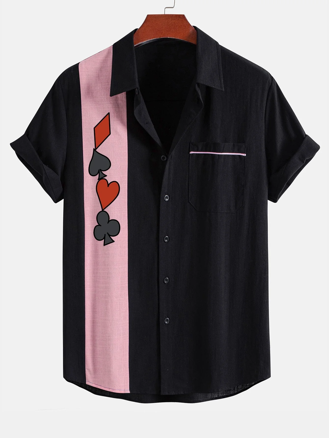 Alipio® | Poker Print Linen Look Contrast Button Up Shirt - Image 7