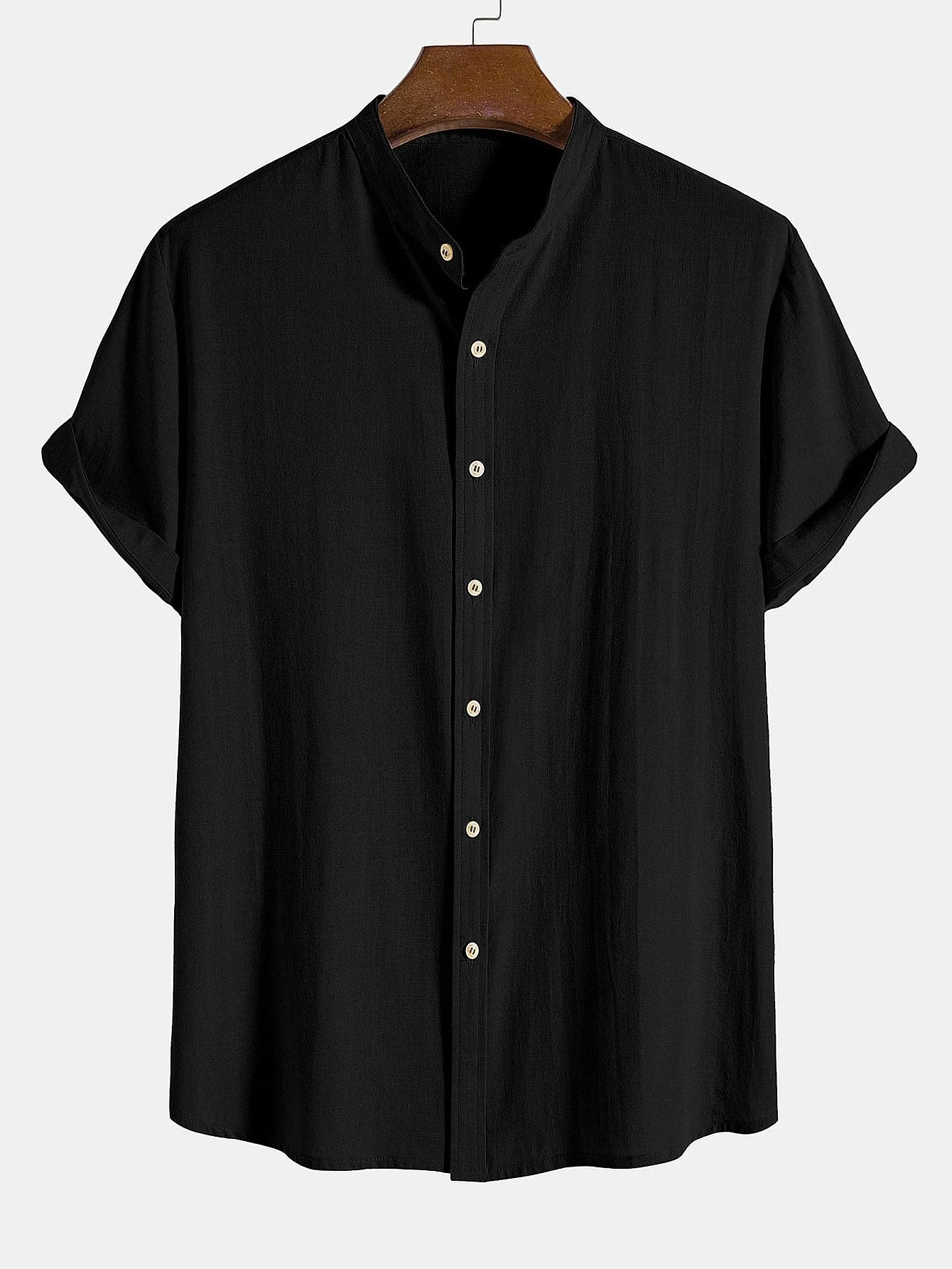 Altiok® | Linen Look Cotton Blend Stand Collar Shirt - Image 2