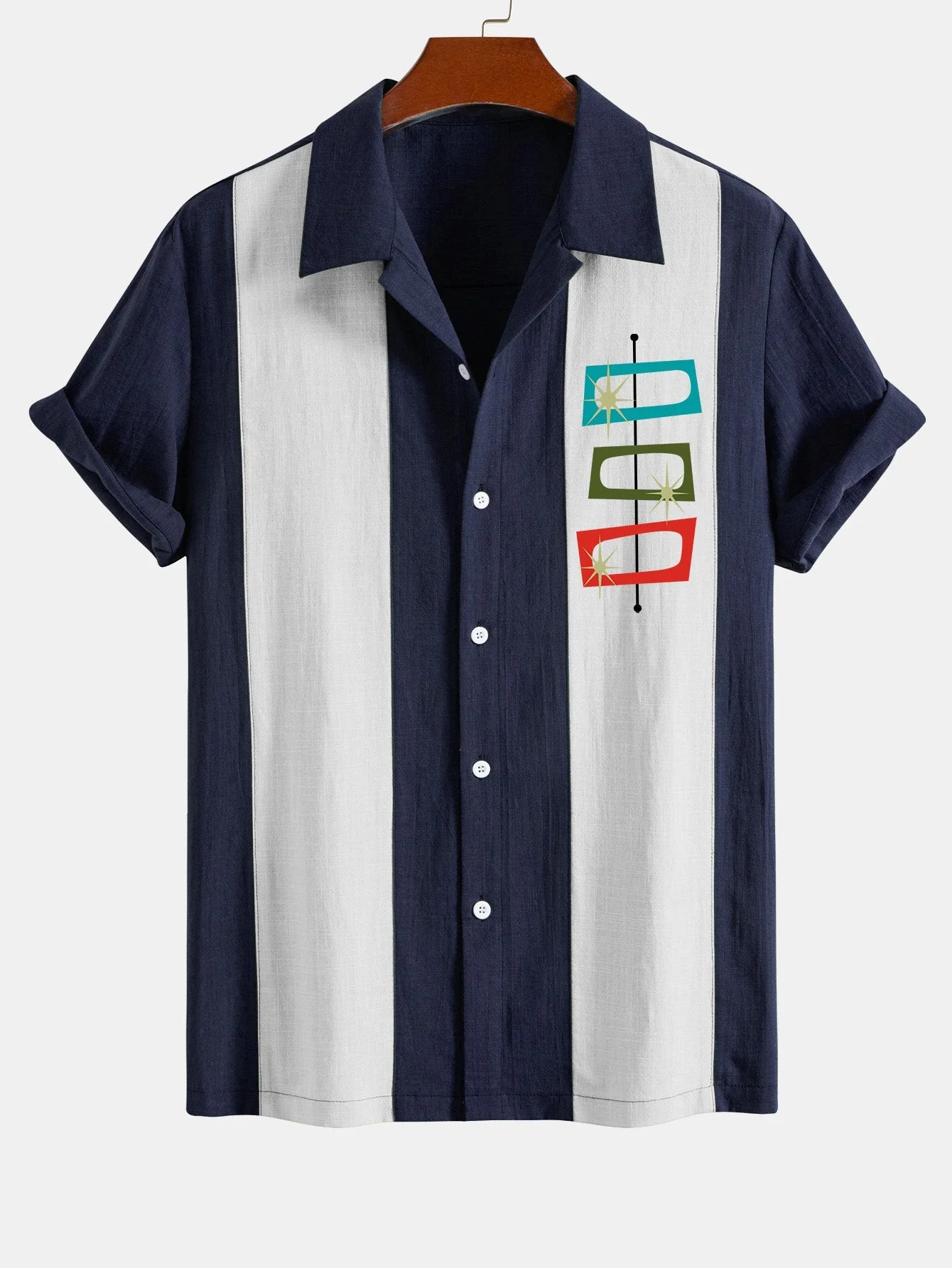 Amjad® | Atomic Print Linen Look Patchwork Bowling Shirt - Image 3