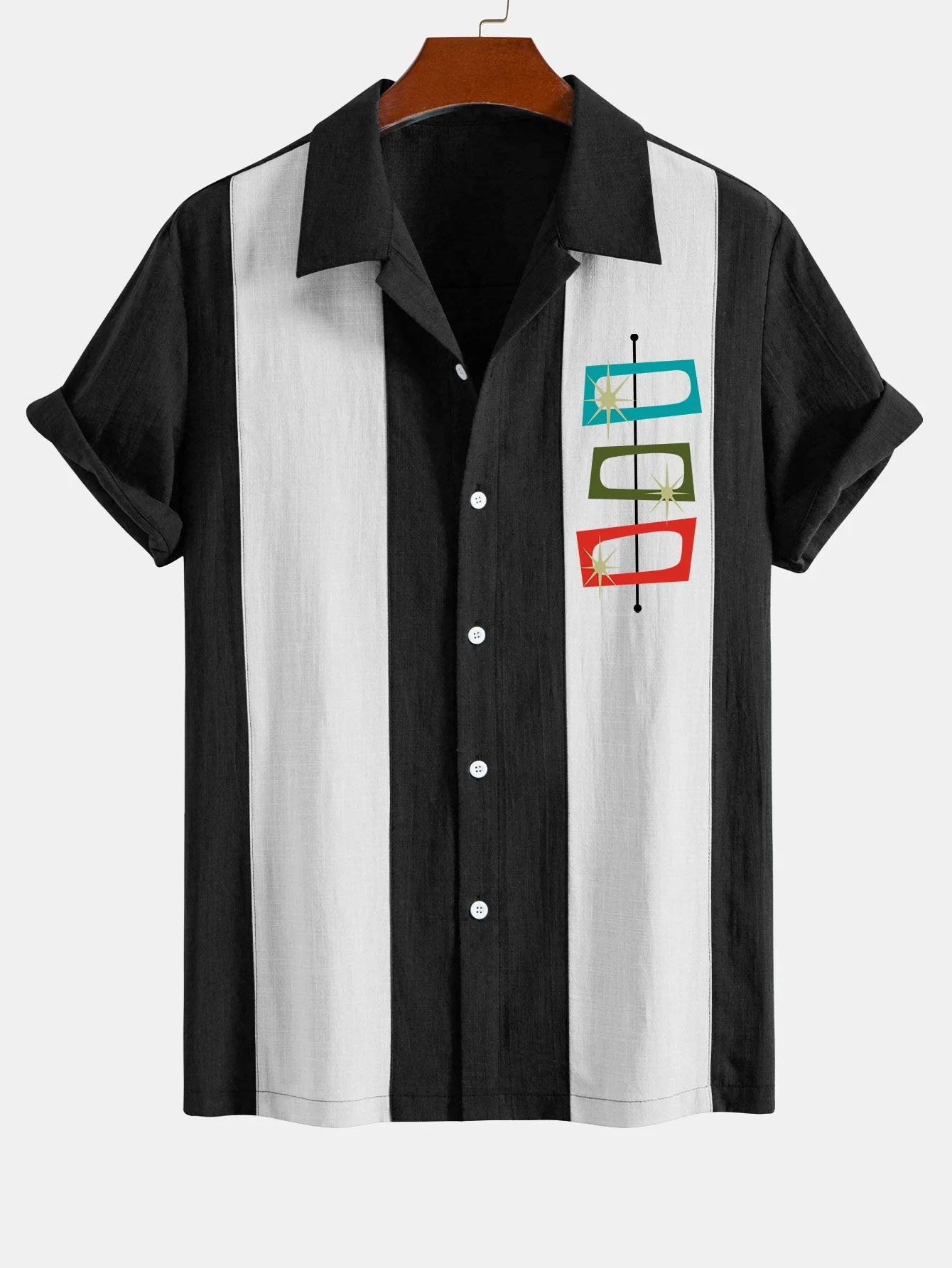 Amjad® | Atomic Print Linen Look Patchwork Bowling Shirt - Image 5