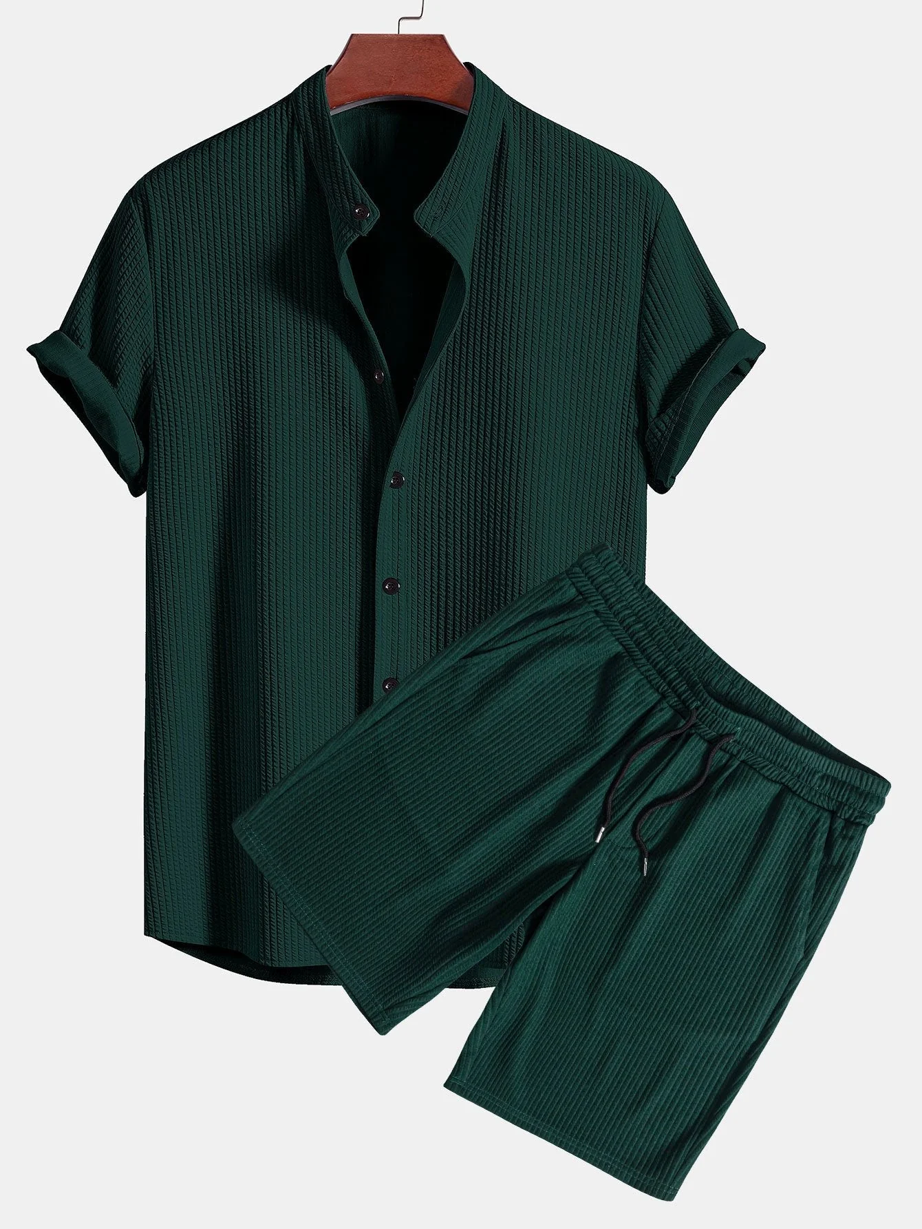 Amós® | Muscle Fit Ribbed Stand Collar Shirt & Shorts - Image 2