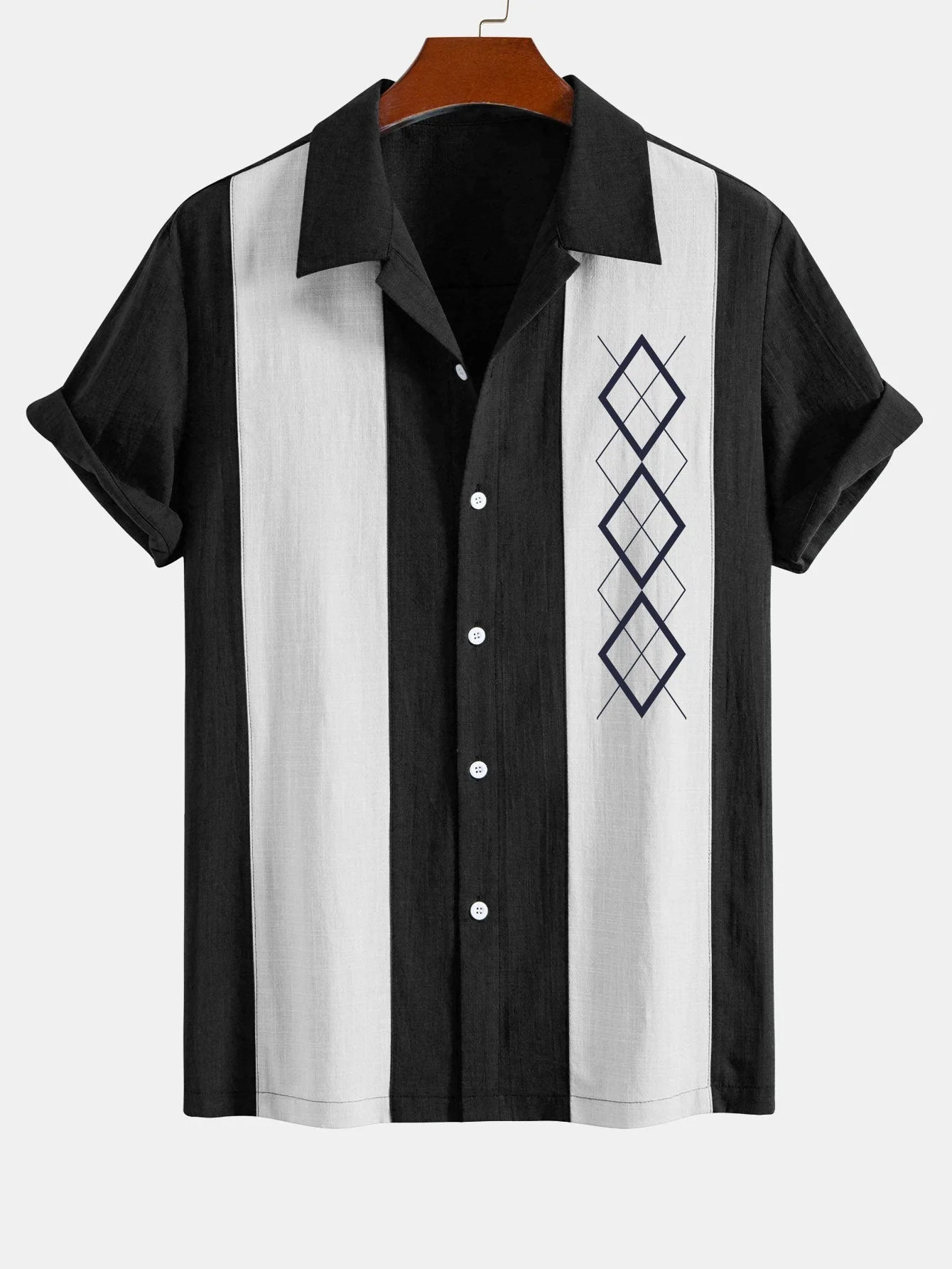 Amparo® | Geometric Rhombus Print Linen Look Patchwork Bowling Shirt - Image 3