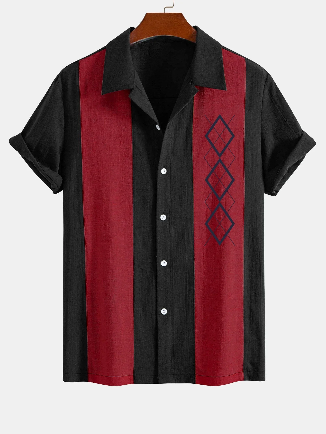 Amparo® | Geometric Rhombus Print Linen Look Patchwork Bowling Shirt - Image 7