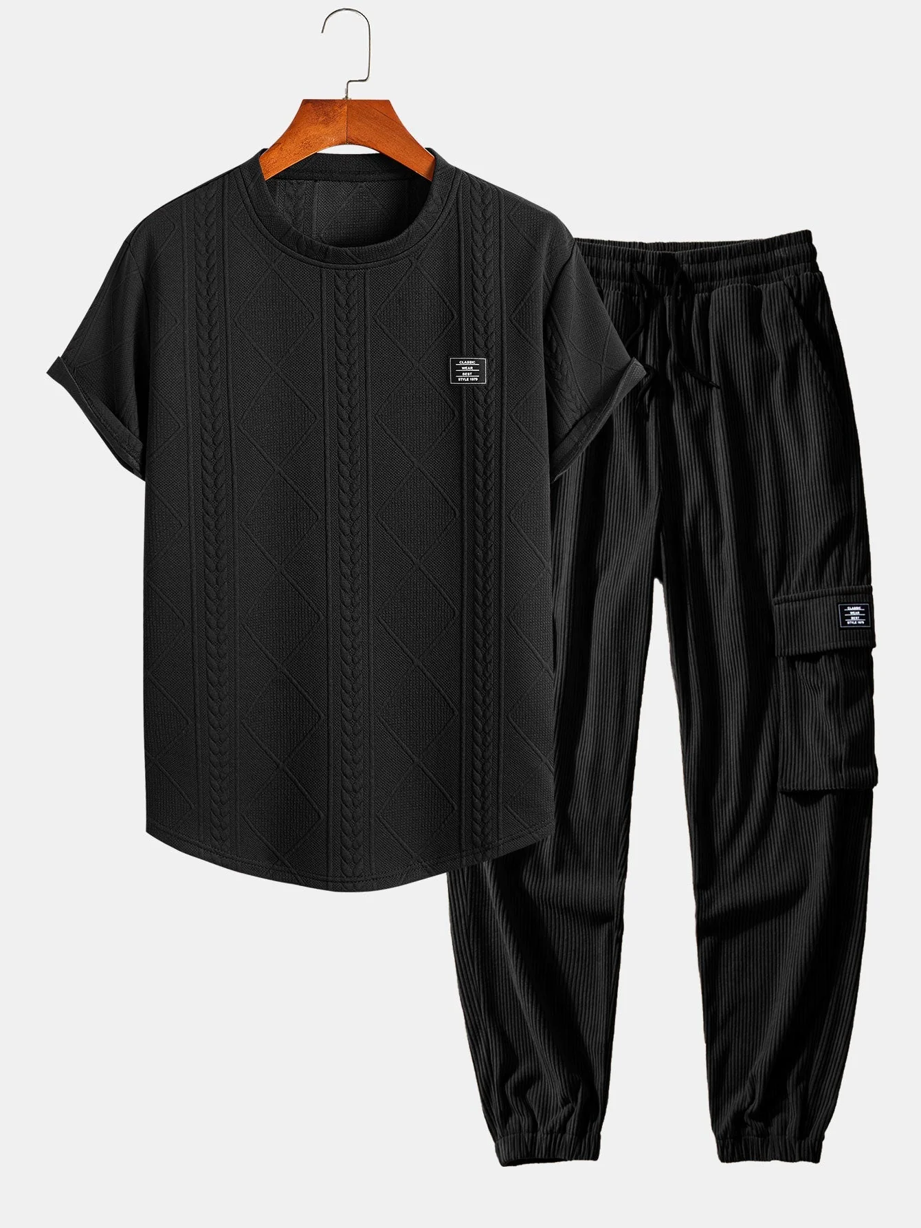 Andrés® | Short Sleeve Geometric Jacquard Arc Hem T-Shirt & Drawstring Corduroy Cargo Jogger Pants - Image 2