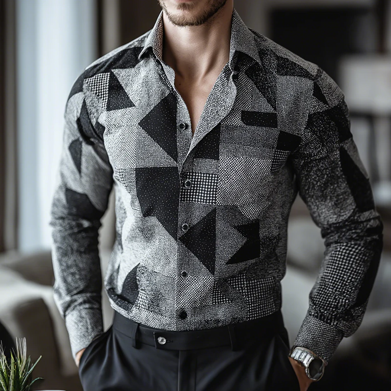 Andrew | Men'S Retro Casual Geometric Cycle Print Lapel Long Sleeve Shirt - Image 2
