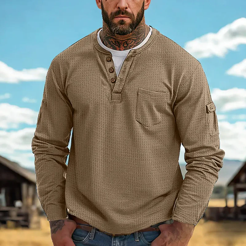 Aner® | Men's Contrast Waffle Button Crew Neck Long Sleeve T-shirt MTA0965J1X - Image 4