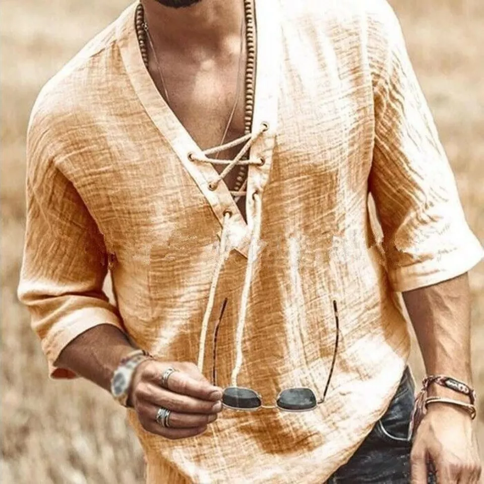 Angel® | Men'S Shirt In Cotton Linen With V-Neck And Lacing - Image 2