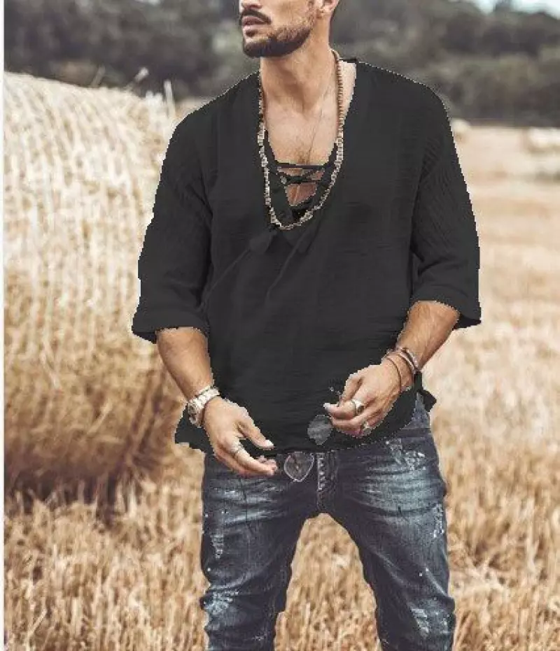 Angel® | Men'S Shirt In Cotton Linen With V-Neck And Lacing - Image 4
