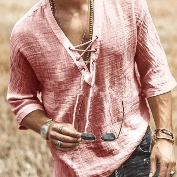 Angel® | Men'S Shirt In Cotton Linen With V-Neck And Lacing - Image 5