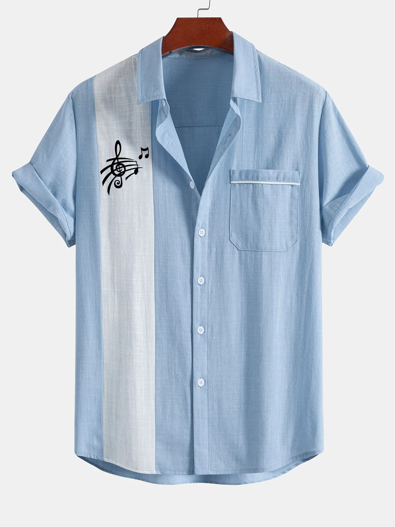 Aniel® | Musical Note Print Linen Look Contrast Button Up Shirt - Image 3