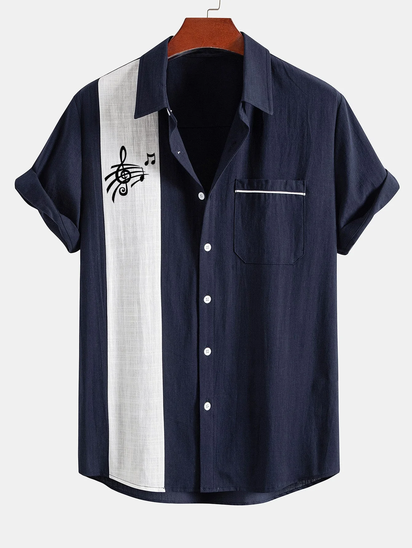 Aniel® | Musical Note Print Linen Look Contrast Button Up Shirt - Image 5