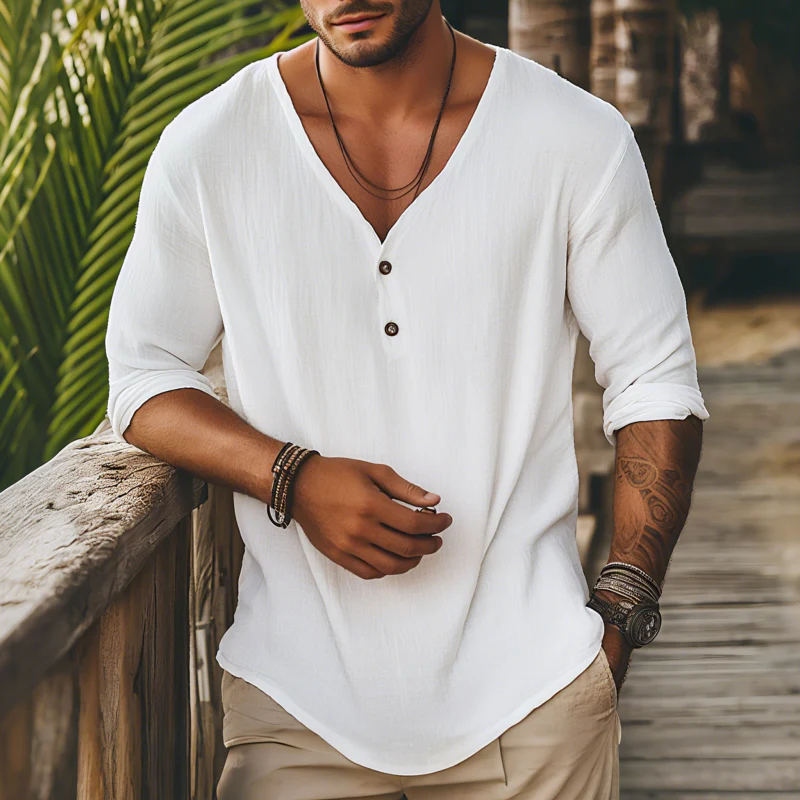 Anthony | Men'S Casual Solid Color Breathable Cotton Linen V-Neck Loose Long-Sleeved T-Shirt - Image 2