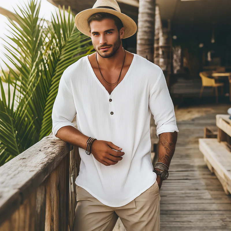 Anthony | Men'S Casual Solid Color Breathable Cotton Linen V-Neck Loose Long-Sleeved T-Shirt - Image 3